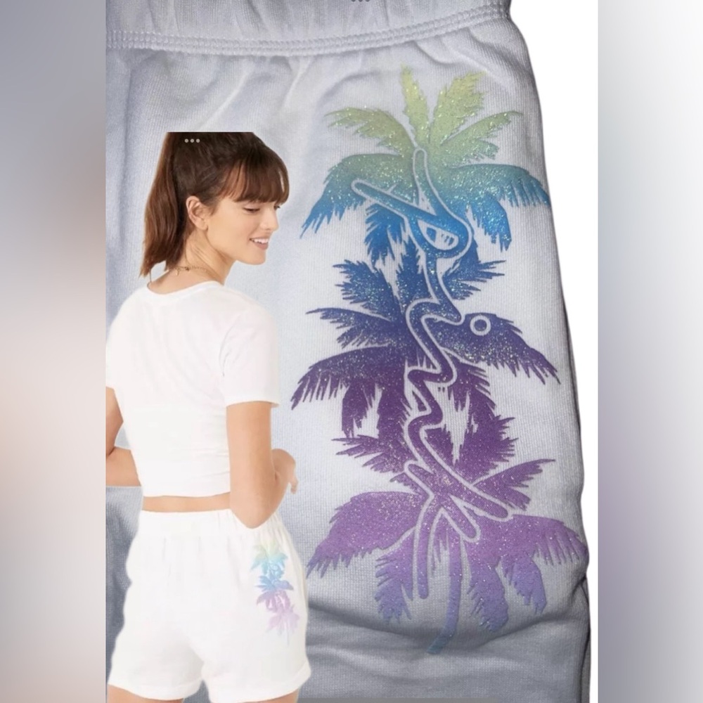 NEW VICTORIAS SECRET PINK BLING PALM SHINE SHORTS & T SHIRT SET BOYFRIEND RELAX